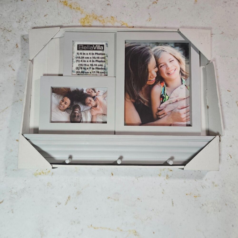 Bella Villa White Collage Picture Frame Shelf w/ 3 Hooks Holds 3 Photos NEW